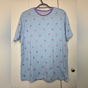 🌷Drill Clothing Men's L Casual Blue Tee with Flamingo Pattern and Pink Trim